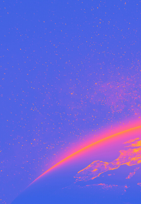 Side of the world globe with the globe being pink in color and the skies purple